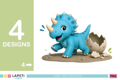 Little blue triceratops taking its first steps beside a broken dinosaur egg