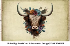 Floral Highland Cow Sublimation. Higland Floral Png Cow. Product Image 1