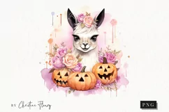 Pastel Pink Watercolor Llama Clipart | Watercolor Halloween Product Image 1