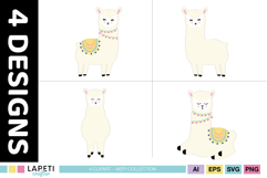 Pastel llama characters in cream pink yellow turquoise and purple colours