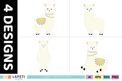 Pastel llama characters in cream pink yellow turquoise and purple colours