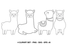 Four llama line art clipart illustrations with cute fluffy characters in different poses