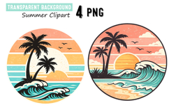 Retro Sunset Beach Clipart Tropical Palm &amp; Ocean Wave PNG 4 Product Image 1