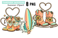 Western Tropical Clipart Cowgirl Boots, Rope Heart &amp; Surfboa Product Image 1