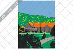 Stone Lodge with Red Roof and Trees in Front in Spring WPA Product Image 1