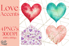 Watercolor Love Accents Clipart, Hearts, Envelopes Png Product Image 1