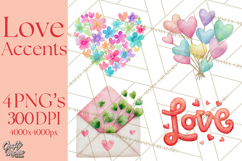 Watercolor Love Accents Clipart, Hearts, Envelopes Png Product Image 1
