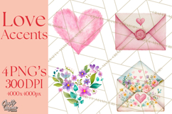 Watercolor Love Accents Clipart, Hearts, Envelopes Png Product Image 1