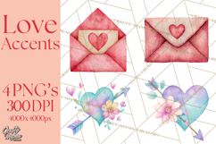 Watercolor Love Accents Clipart, Hearts, Envelopes Png Product Image 1