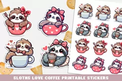 Valentine's day Sloth loves coffee stickers. PNG, JPG. Product Image 1