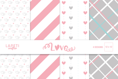 Minimal Valentine digital paper set with hearts, stripes, and plaid in pink, grey, and mint pastel colors.
