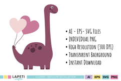 Sweet dinosaur with heart balloons for children’s Valentine crafts.