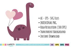 Sweet dinosaur with heart balloons for children’s Valentine crafts.