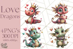 Valentine Dragon Clipart PNG Fantasy Doodle Illustration Product Image 1