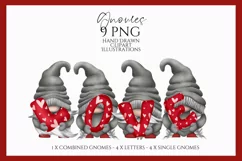 Four cute Valentine-themed gnomes holding red heart-patterned letters spelling "LOVE," perfect for crafts, invitations, and DIY Valentine’s Day projects.