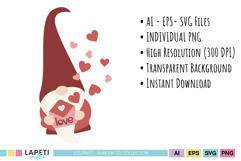 Romantic gnome illustrations with hearts and balloons for Valentine’s crafts and decorations.