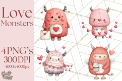 Love Monster Valentine Clipart Cute Kawaii PNG Product Image 1