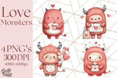 Love Monster Valentine Clipart Cute Kawaii PNG Product Image 1