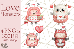 Love Monster Valentine Clipart Cute Kawaii PNG Product Image 1