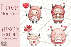Love Monster Valentine Clipart Cute Kawaii PNG Product Image 1