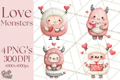 Love Monster Valentine Clipart Cute Kawaii PNG Product Image 1