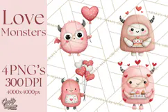 Love Monster Valentine Clipart Cute Kawaii PNG Product Image 1