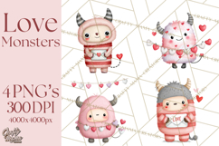 Love Monster Valentine Clipart Cute Kawaii PNG Product Image 1