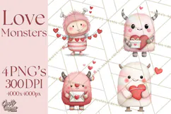 Love Monster Valentine Clipart Cute Kawaii PNG Product Image 1