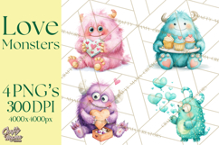 Valentine Monster Clipart, Cute Valentine Monsters PNG Product Image 1