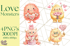 Valentine Monster Clipart, Cute Valentine Monsters PNG Product Image 1
