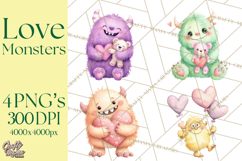 Valentine Monster Clipart, Cute Valentine Monsters PNG Product Image 1