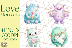 Valentine Monster Clipart, Cute Valentine Monsters PNG Product Image 1