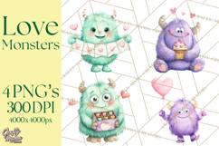 Valentine Monster Clipart, Cute Valentine Monsters PNG Product Image 1