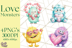Valentine Monster Clipart, Cute Valentine Monsters PNG Product Image 1