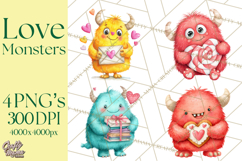 Valentine Monster Clipart, Cute Valentine Monsters PNG Product Image 1