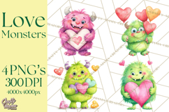 Valentine Monster Clipart, Cute Valentine Monsters PNG Product Image 1