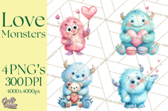 Valentine Monster Clipart, Cute Valentine Monsters PNG Product Image 1