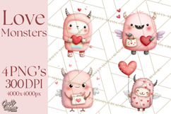 Love Monster Valentine Clipart Cute Kawaii PNG Product Image 1