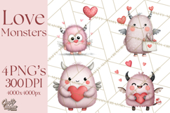 Love Monster Valentine Clipart Cute Kawaii PNG Product Image 1