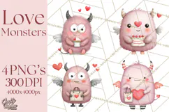 Love Monster Valentine Clipart Cute Kawaii PNG Product Image 1