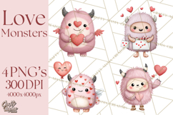 Love Monster Valentine Clipart Cute Kawaii PNG Product Image 1