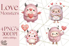 Love Monster Valentine Clipart Cute Kawaii PNG Product Image 1