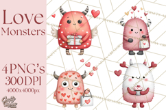 Love Monster Valentine Clipart Cute Kawaii PNG Product Image 1