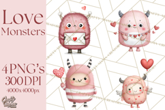 Love Monster Valentine Clipart Cute Kawaii PNG Product Image 1