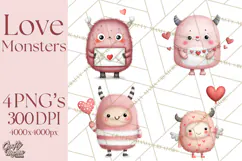 Love Monster Valentine Clipart Cute Kawaii PNG Product Image 1