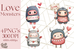 Love Monster Valentine Clipart Cute Kawaii PNG Product Image 1