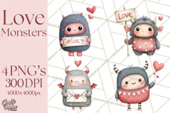 Love Monster Valentine Clipart Cute Kawaii PNG Product Image 1