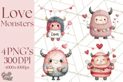 Love Monster Valentine Clipart Cute Kawaii PNG Product Image 1