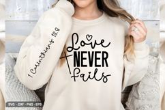 Love Never Fails - Christian Sleeve T-Shirt Design Product Image 2