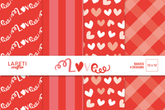 Romantic red and pink Valentine digital papers with hearts, plaid, and love lettering patterns.